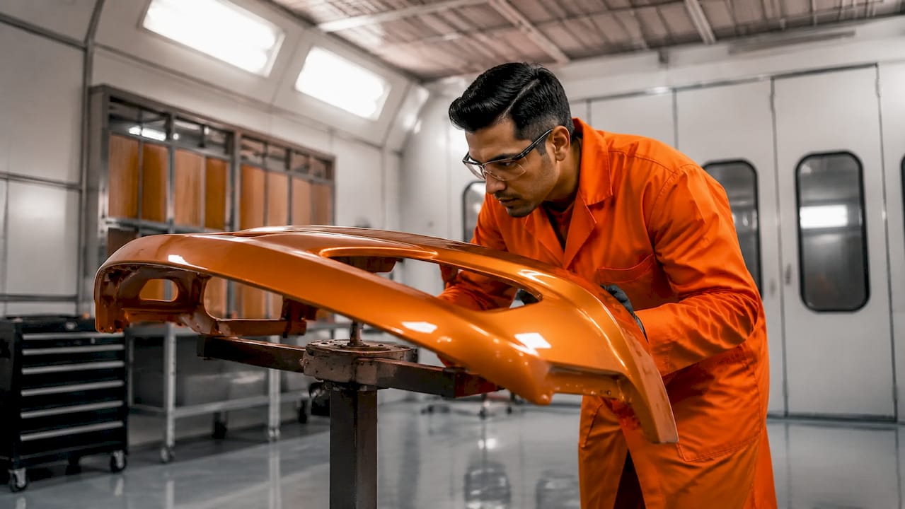 Technician inspecting part in dust-free spray booth