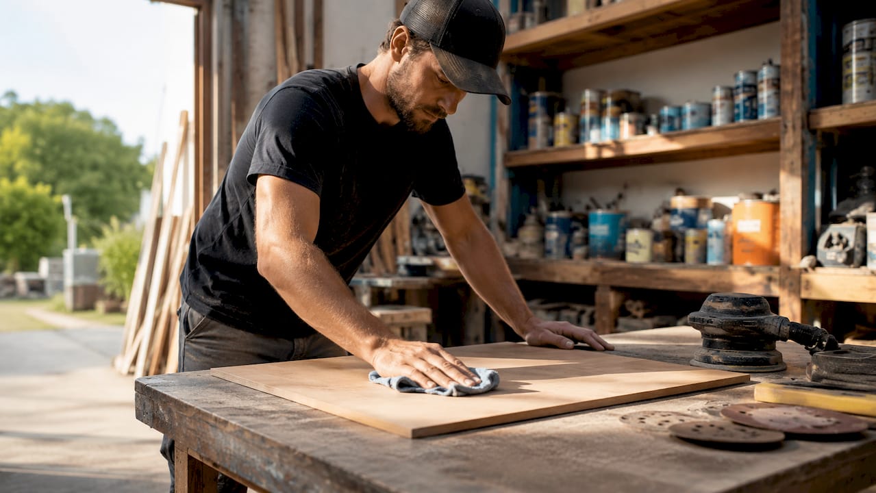 Painter wiping surface with tack cloth