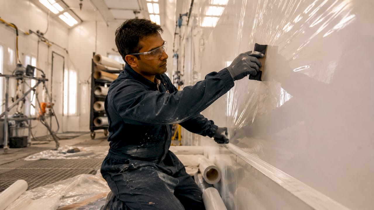 Technician applying film on spray booth wall