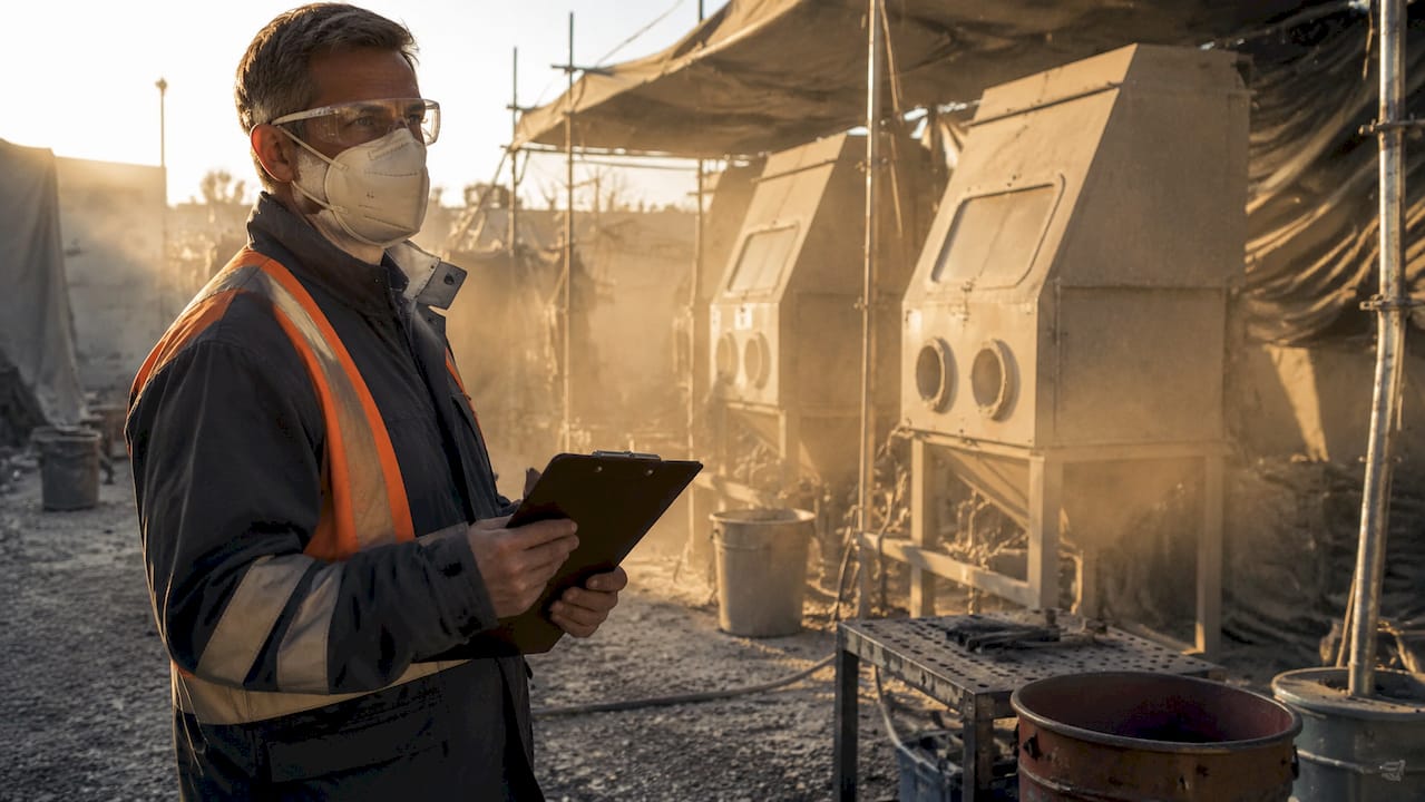 Safety manager monitoring dusty industrial paint workshop
