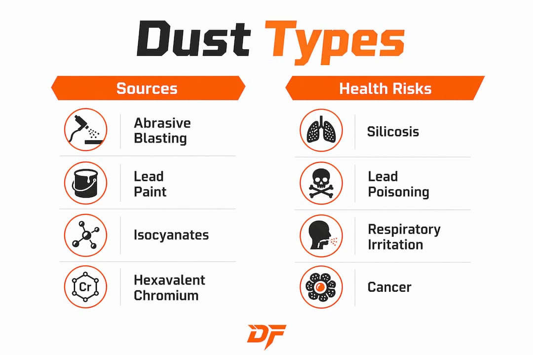 Infographic illustrating dust types and associated health risks