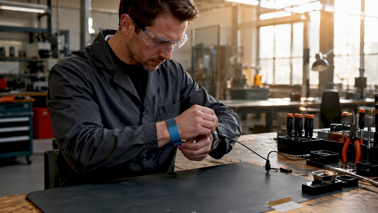 Engineer installing wrist strap grounding device