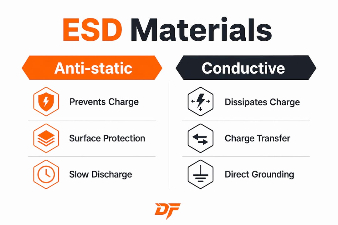 Infographic comparing anti-static and conductive materials