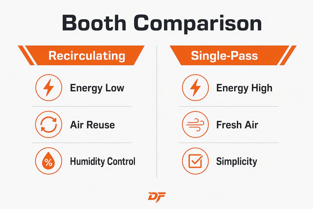 Infographic comparing recirculating and single-pass spray booths