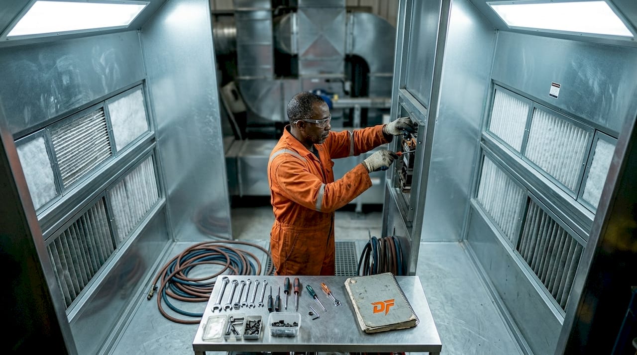 Technician inspecting spray booth filters