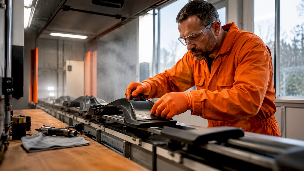 Operator working in linear spray booth layout