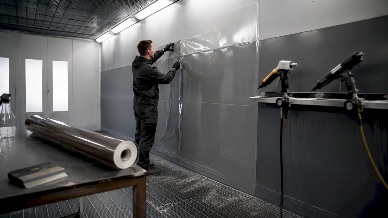 Technician applying electrostatic film in spray booth