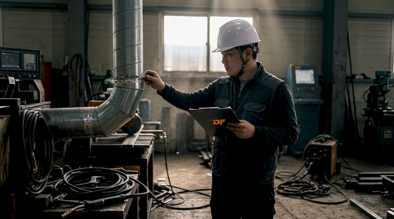 Worker inspecting industrial dust control system