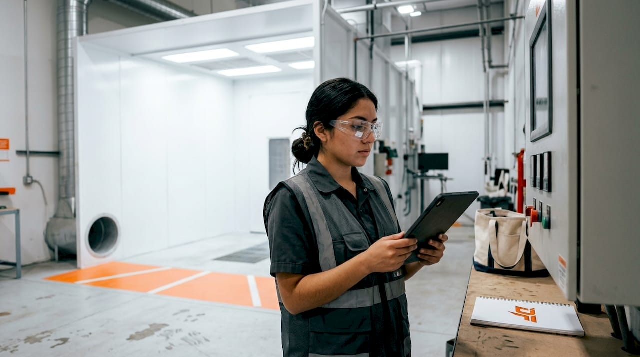Technician inspecting fire suppression panel