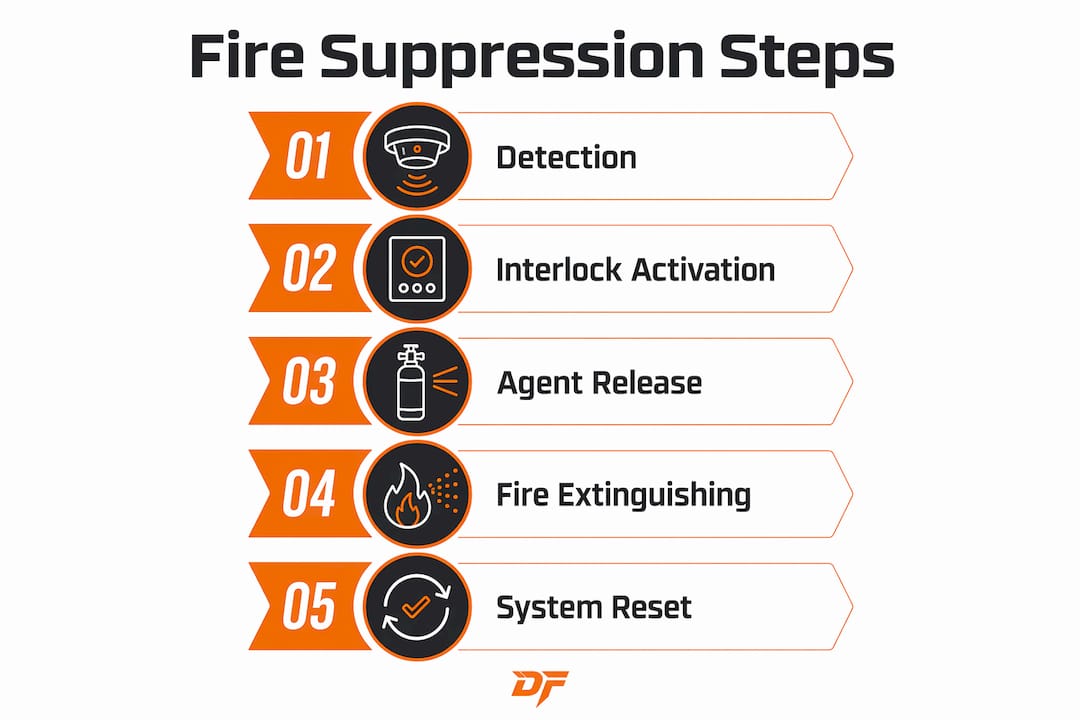 Infographic showing step-by-step fire suppression process