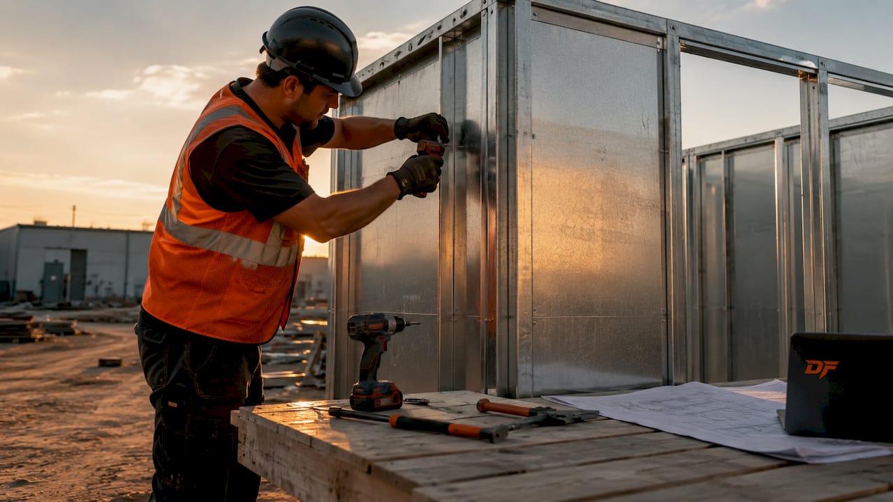 Technician assembling modular spray booth panels