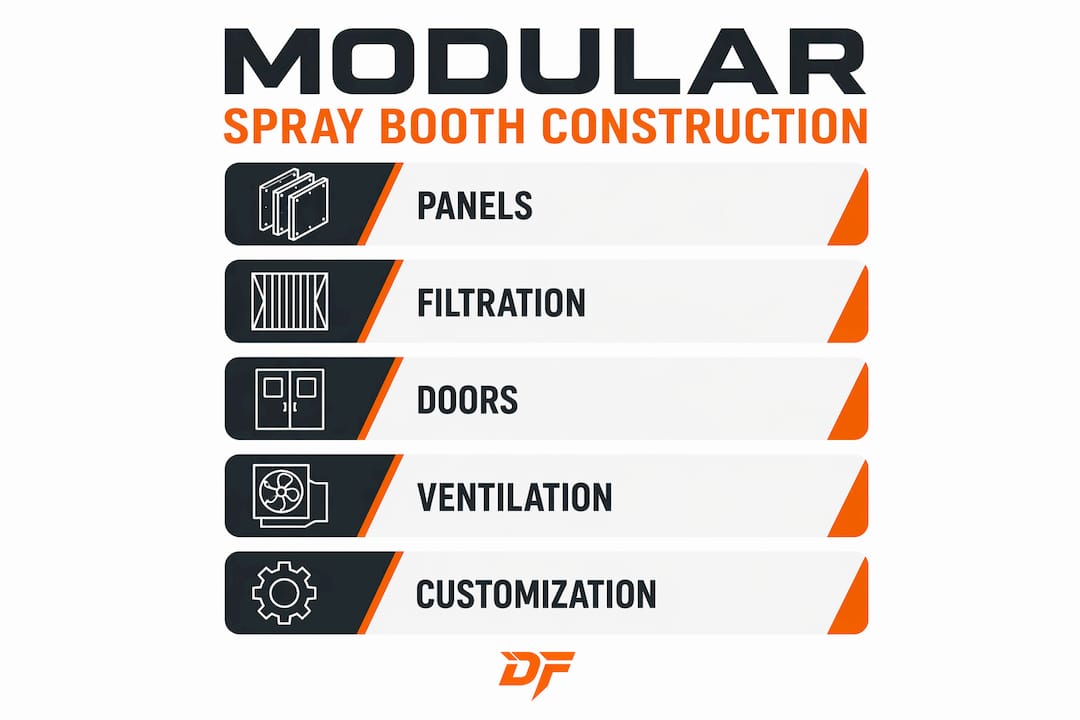 Infographic showing modular spray booth construction steps and components
