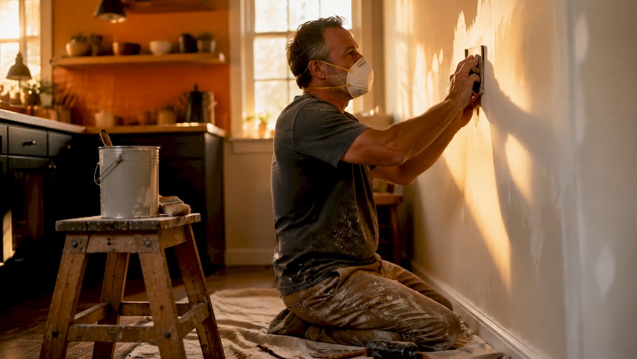 Man sanding drywall for surface prep