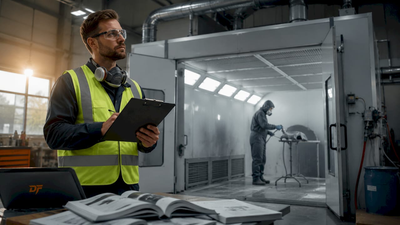 Safety inspector reviewing spray booth compliance
