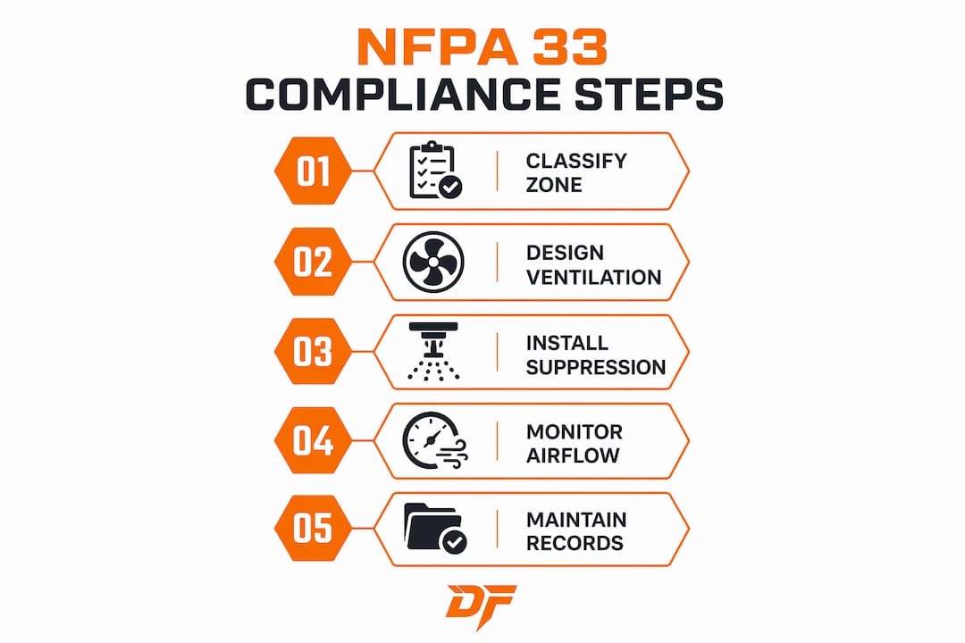 Infographic showing key NFPA 33 compliance steps