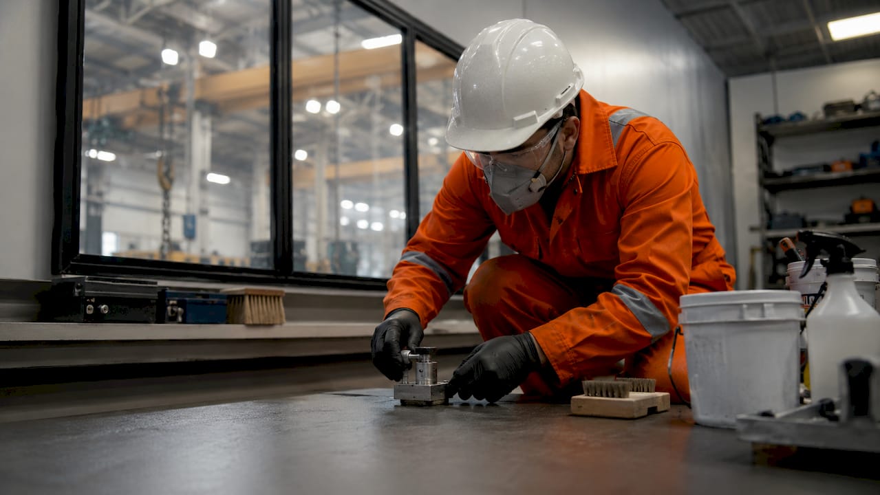 Technician inspecting surface preparation outdoors