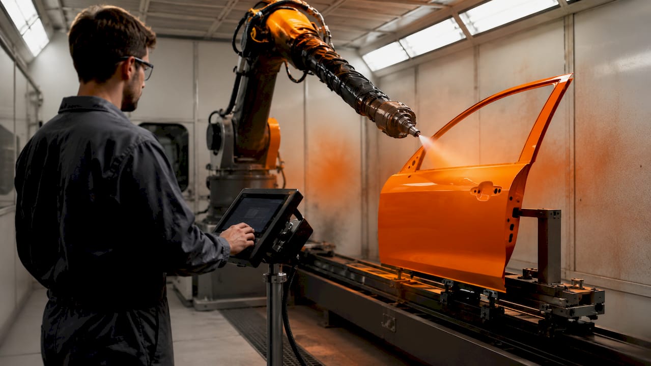 Robotic arm spraying paint inside spray booth