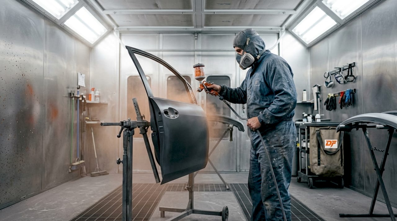 Interior view of operator using downdraft spray booth