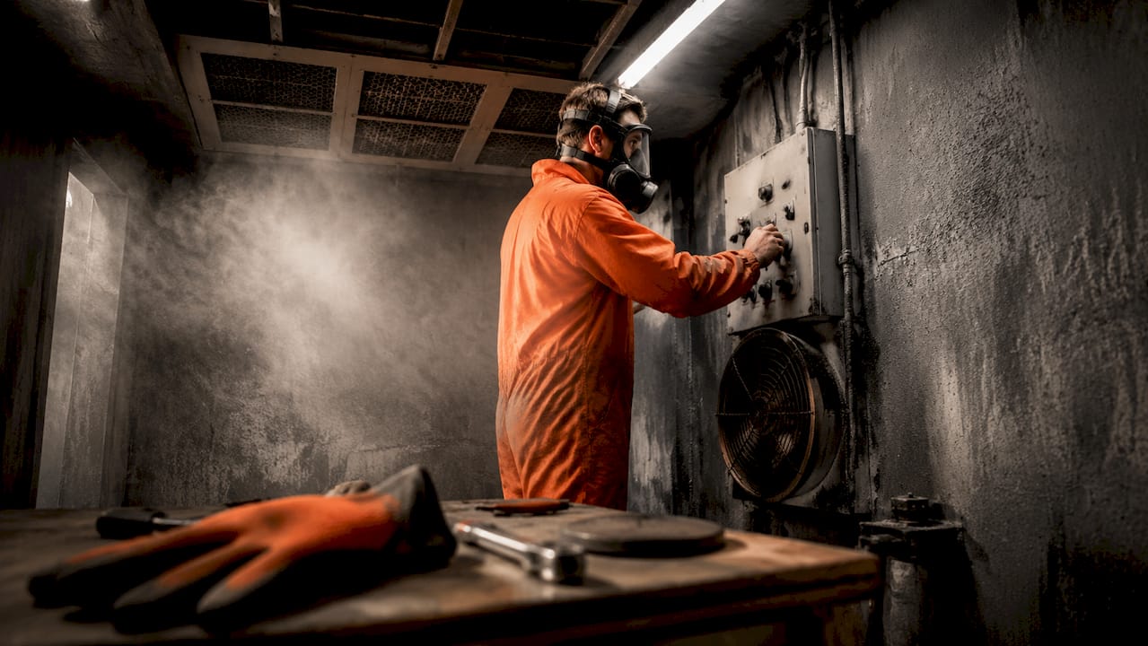Worker adjusting exhaust fan in spray booth