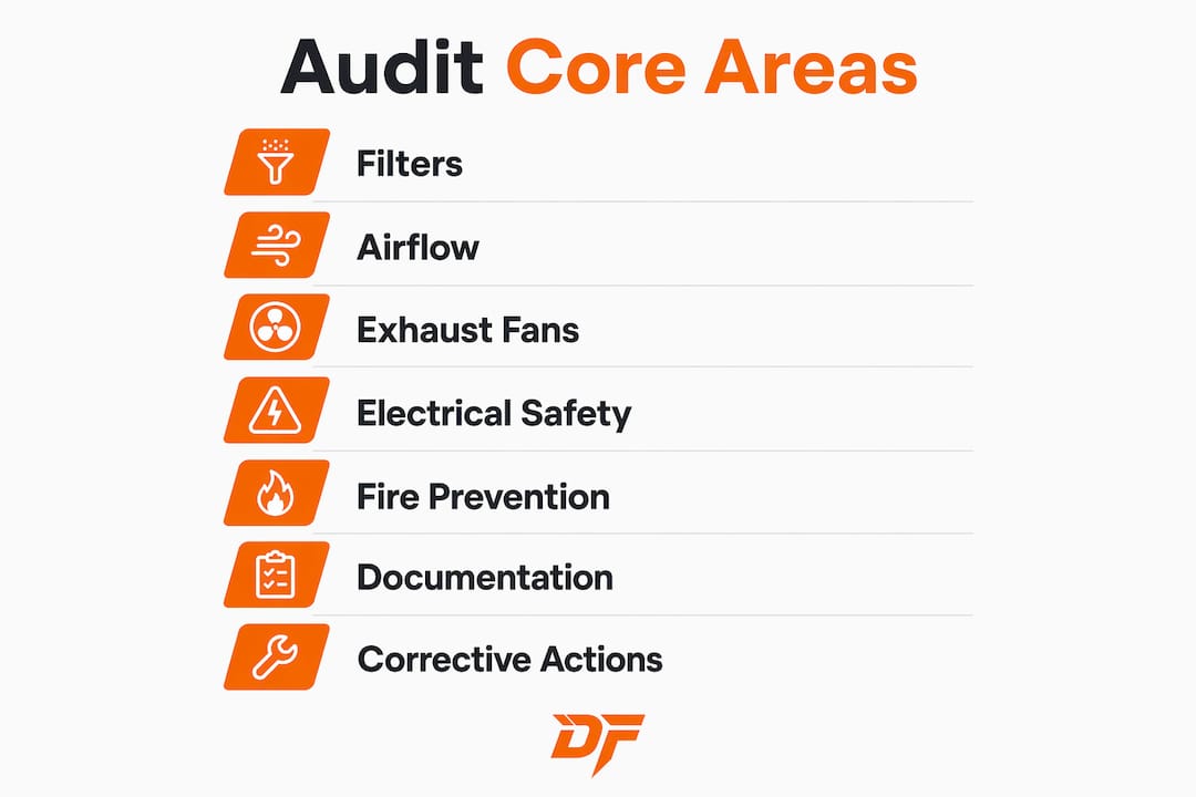 Infographic showing seven core audit areas for paint booths