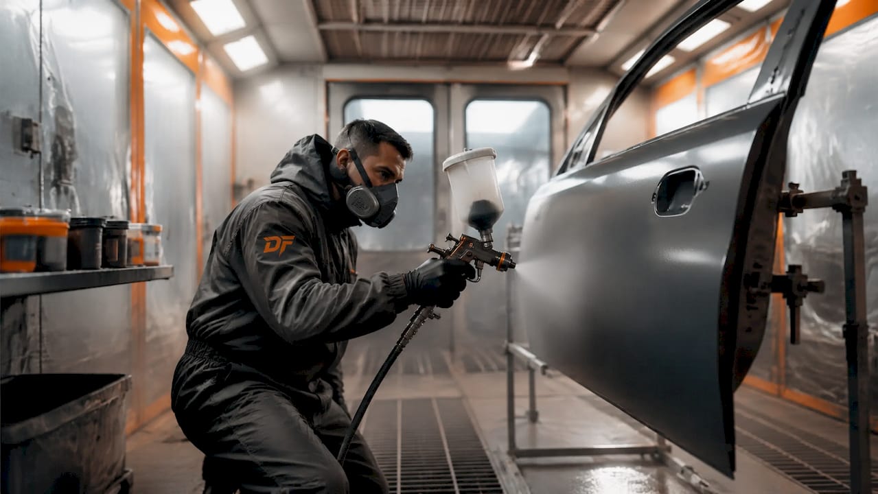 Professional applying paint with spray gun on car door