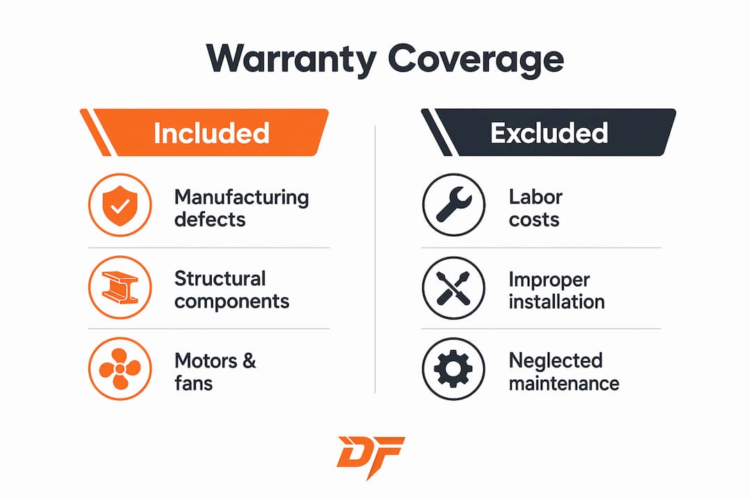 Infographic comparing paint booth warranty inclusions and exclusions