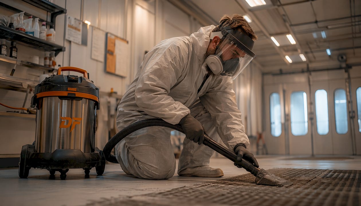 Technician vacuuming spray booth floor wearing safety gear