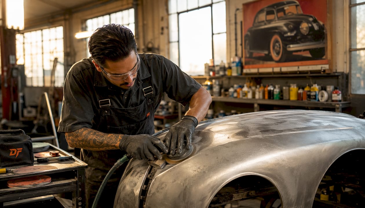 Technician sanding car panel in refinishing workshop