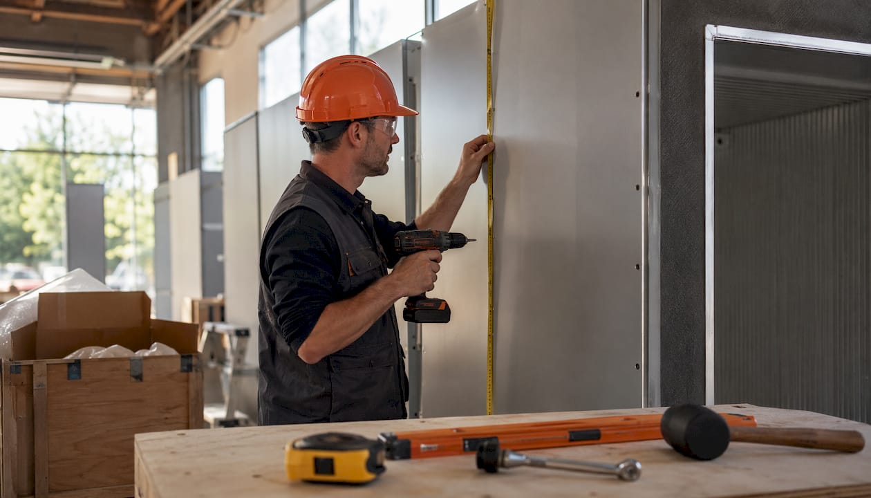 Technician assembling spray booth with tools