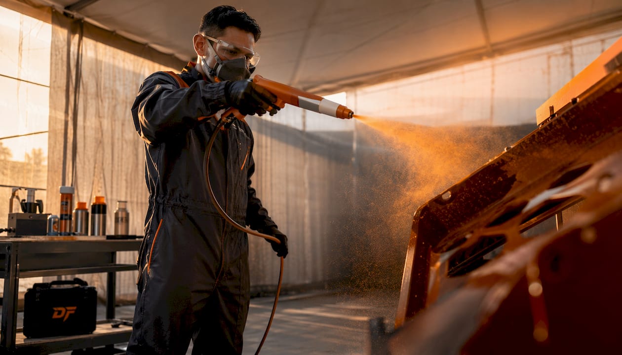 Technician using electrostatic spray gun in paint booth