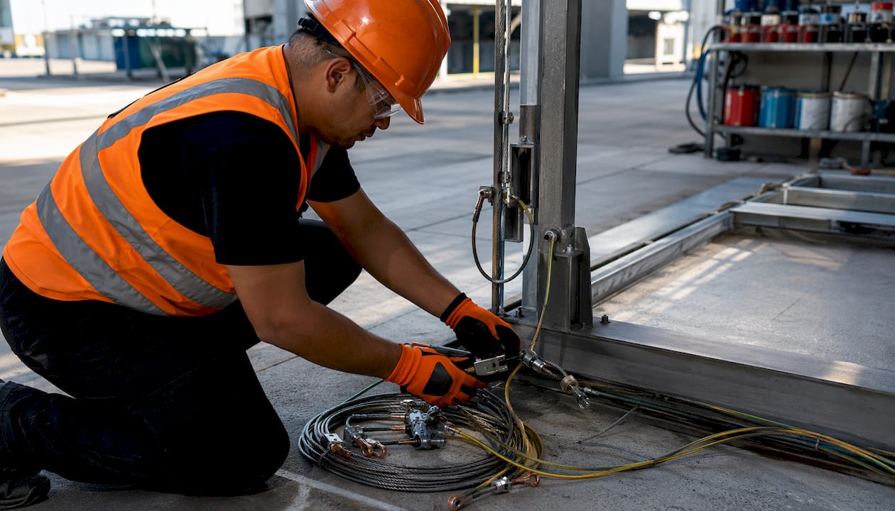 Worker checking grounding cables in spray facility