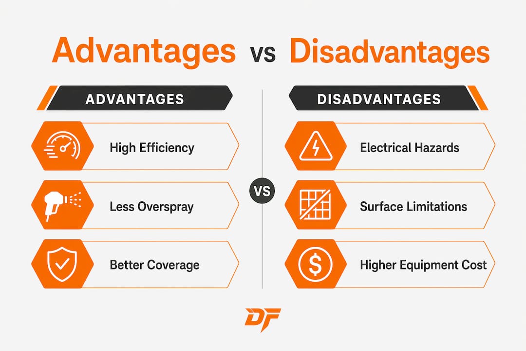 Infographic comparing advantages and disadvantages of electrostatic spray painting