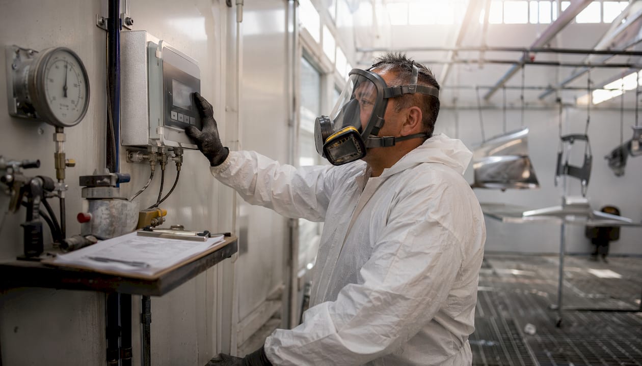 Technician adjusting paint booth humidity control