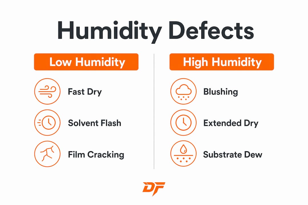 Infographic comparing low and high humidity paint defects