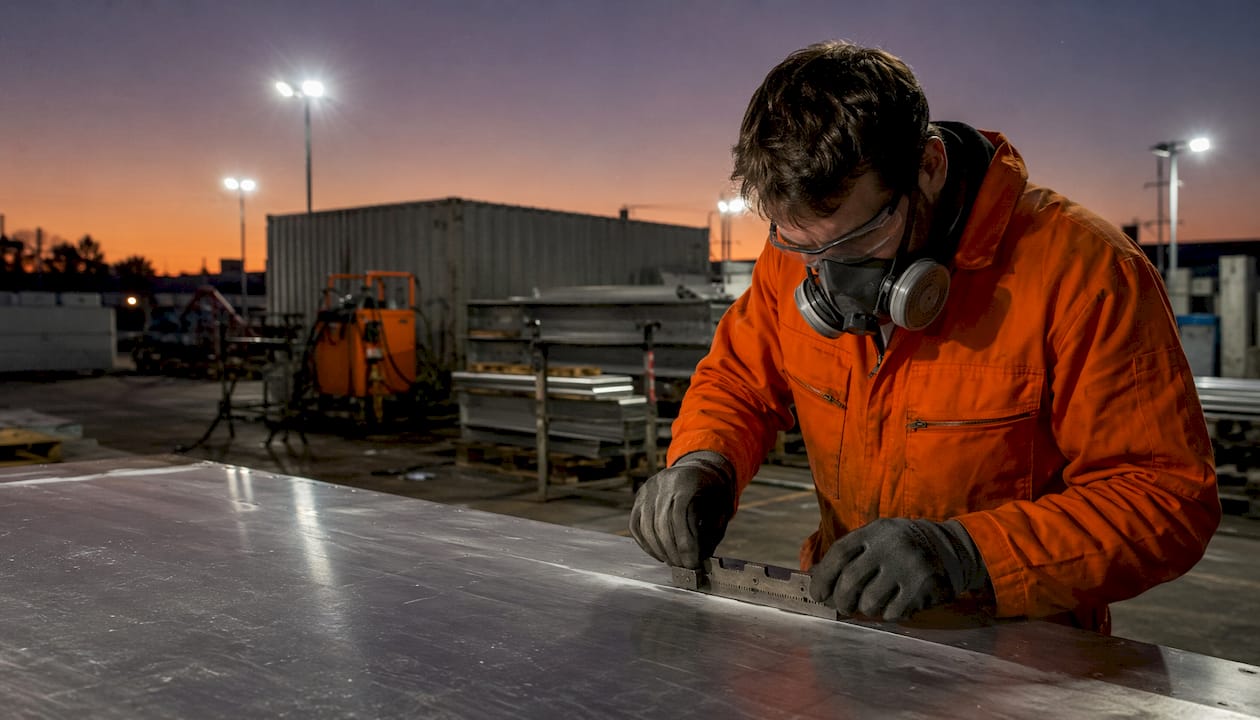Technician inspecting steel surface preparation