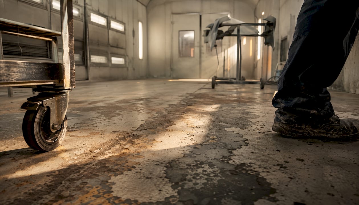 Close-up of worn spray booth floor coating