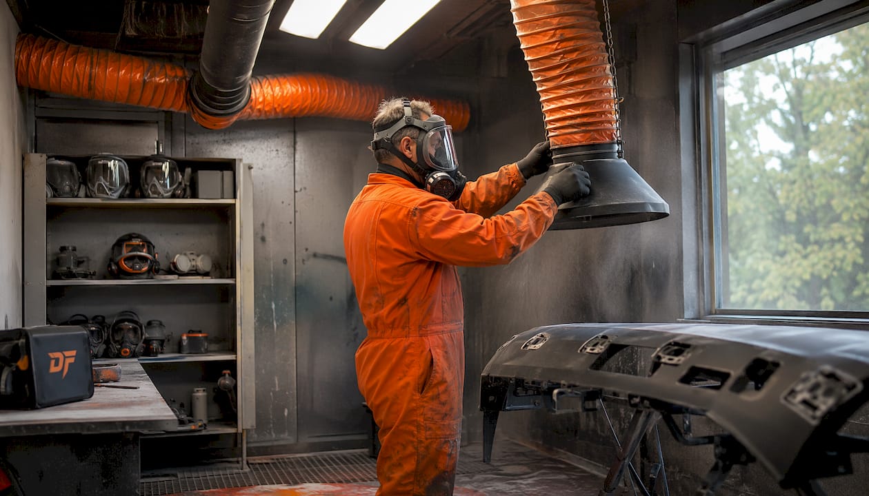 Spray booth operator adjusting LEV dust control system