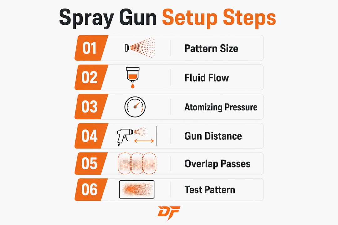 Infographic illustrating steps to set up spray gun