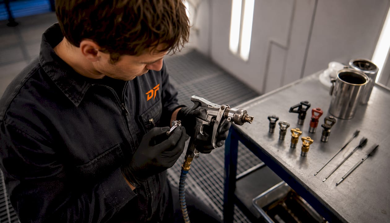 Technician inspecting airless spray gun in booth