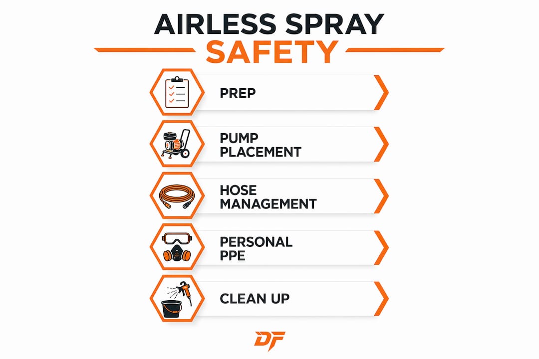 Infographic illustrating safety steps for airless spray