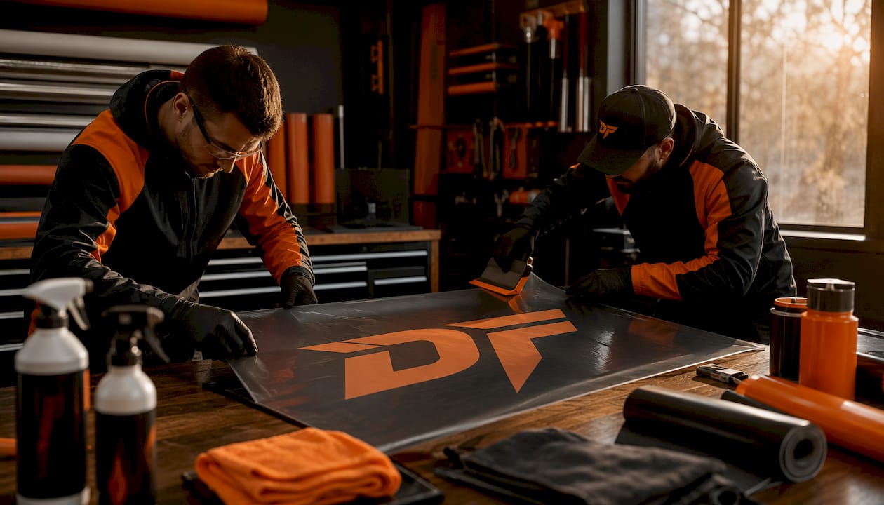 Two workers applying electrostatic film inside spray booth