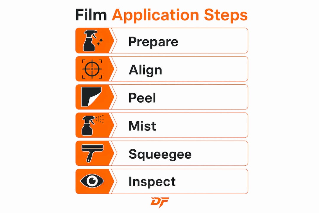 Infographic outlining steps for electrostatic film application