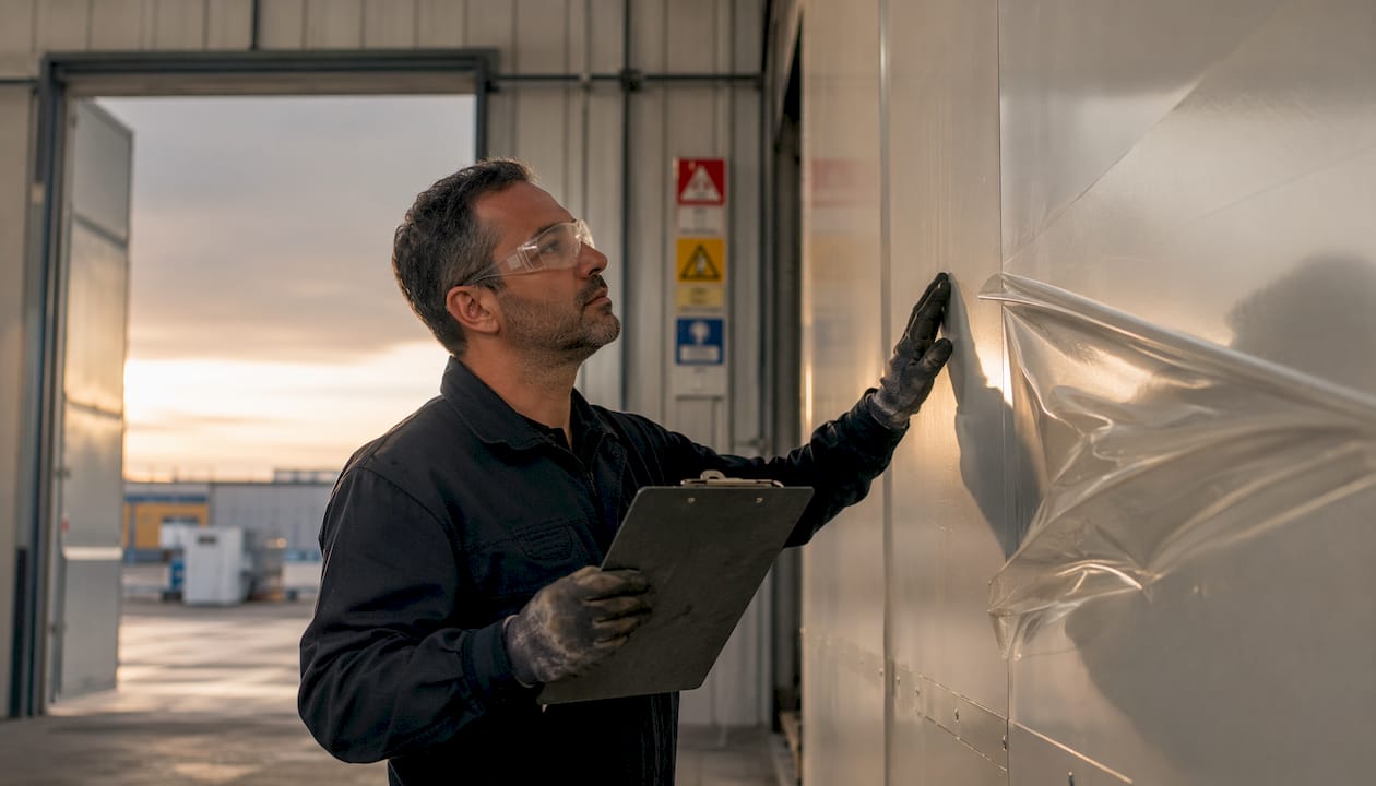 Facility manager inspecting multi-layer booth film