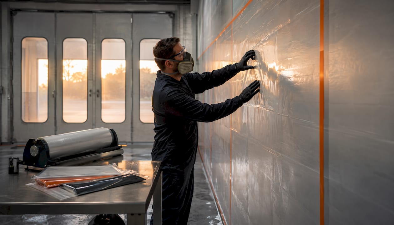 Technician maintaining protective film in spray booth