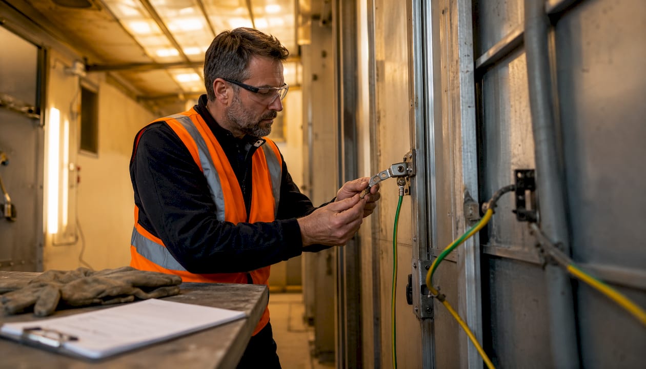 Safety engineer inspecting grounding wiring in spray booth