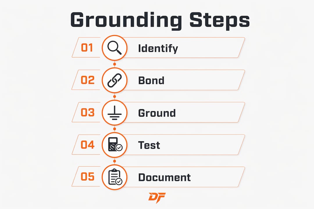 Infographic outlining key grounding steps in spray booths