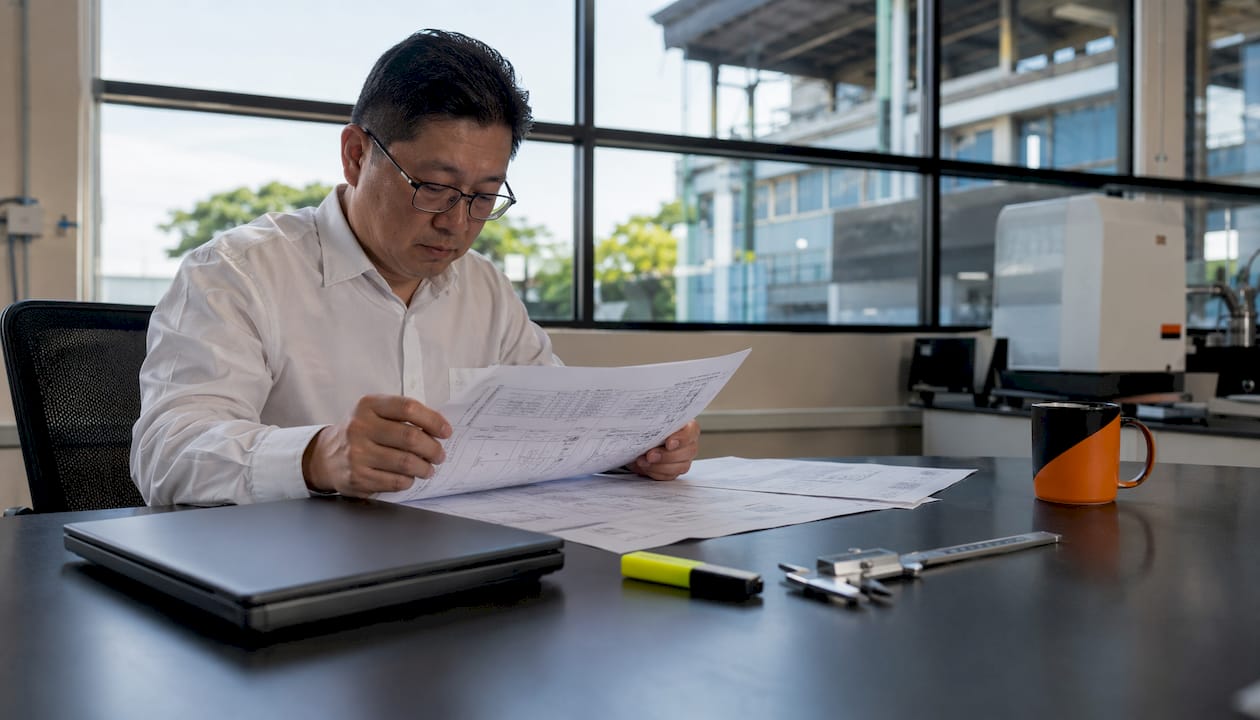 Technician reviewing technical datasheets