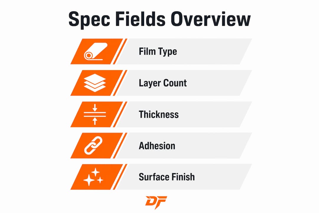 Infographic showing main specification fields for booth wall panels