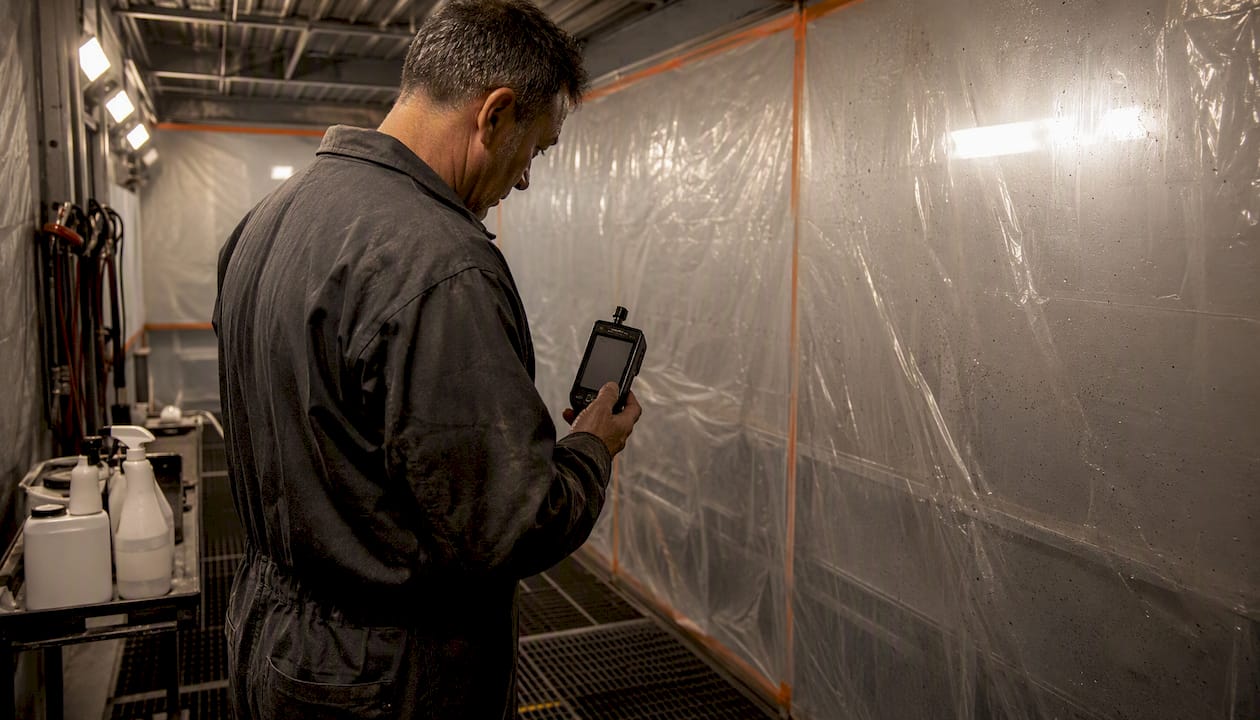 Technician inspecting spray booth dust film