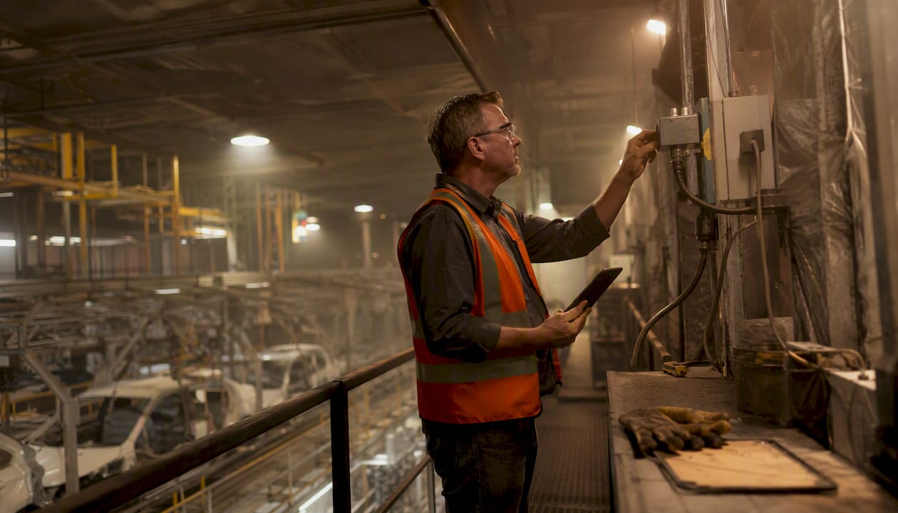 Facility manager inspecting dust sensors